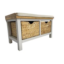 Roseland Farrow - oak and grey finish hallway bench with baskets and squab cushion 