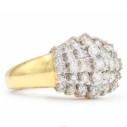 18ct gold diamond rive row stepped design ring, each row set with seven round brilliant cut diamonds, stamped, total diamond weight approx 0.80 carat