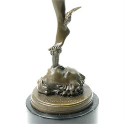 After Giambologna (Flemish 1529-1608): Bronze figure of Mercury holding a caduceus, on black marble base H43cm