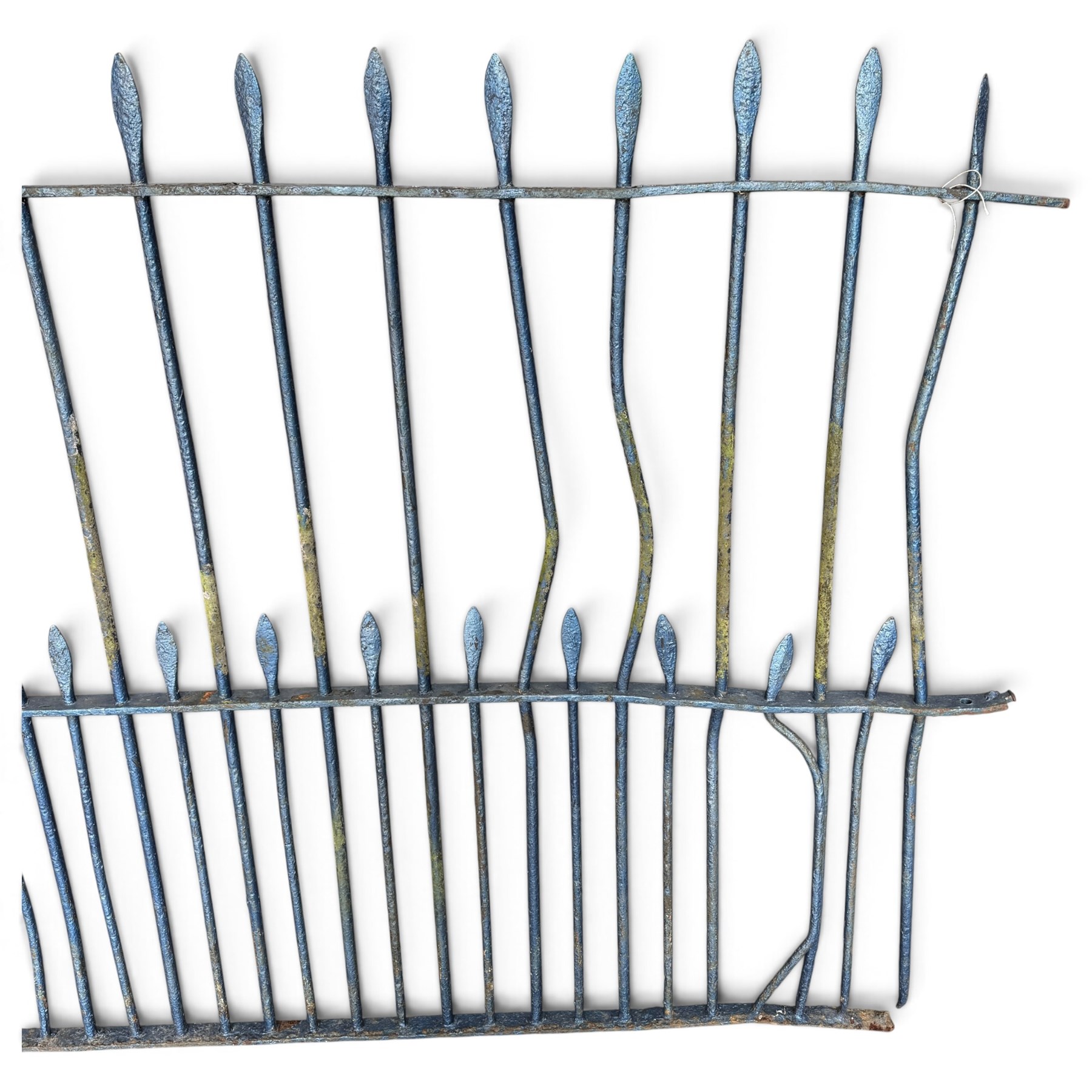 Two sections of painted iron garden or estate boundary railing, comprising a 19th century wrought iron section with graduated spearhead uprights, together with a later hoop-top section with ball-finial end posts, both in blue painted finish