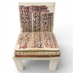 IKEA - ‘Selma’ chair designed by Front in 2009, the shaped wooden frame with white leather back and trim, fitted with cotton cushions with four interchangeable prints inspired by Swedish textile history