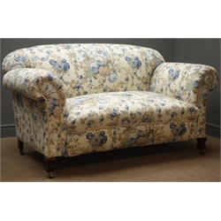  Edwardian beech framed two seat drop-end settee, upholstered in Laura Ashley Victoria pattern fabric, W160cm  