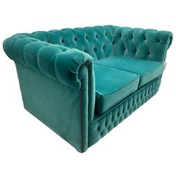 Sofas by Saxon - Chesterfield shape two-seat sofa, upholstered in buttoned aqua blue velvet fabric