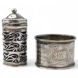 Engine turned silver powder compact Birmingham 1938, silver oval salt and matching pepperette Birmingham 1901, small silver sweetmeat dish and napkin ring