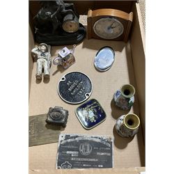 Group of assorted collectables, to include Spelter Marly horse mantle clock, cast iron money box modelled as a sailor, small pair of cloisonne vases, cloisonne pin dish, pewter trinket box and cover, etc., in one box 