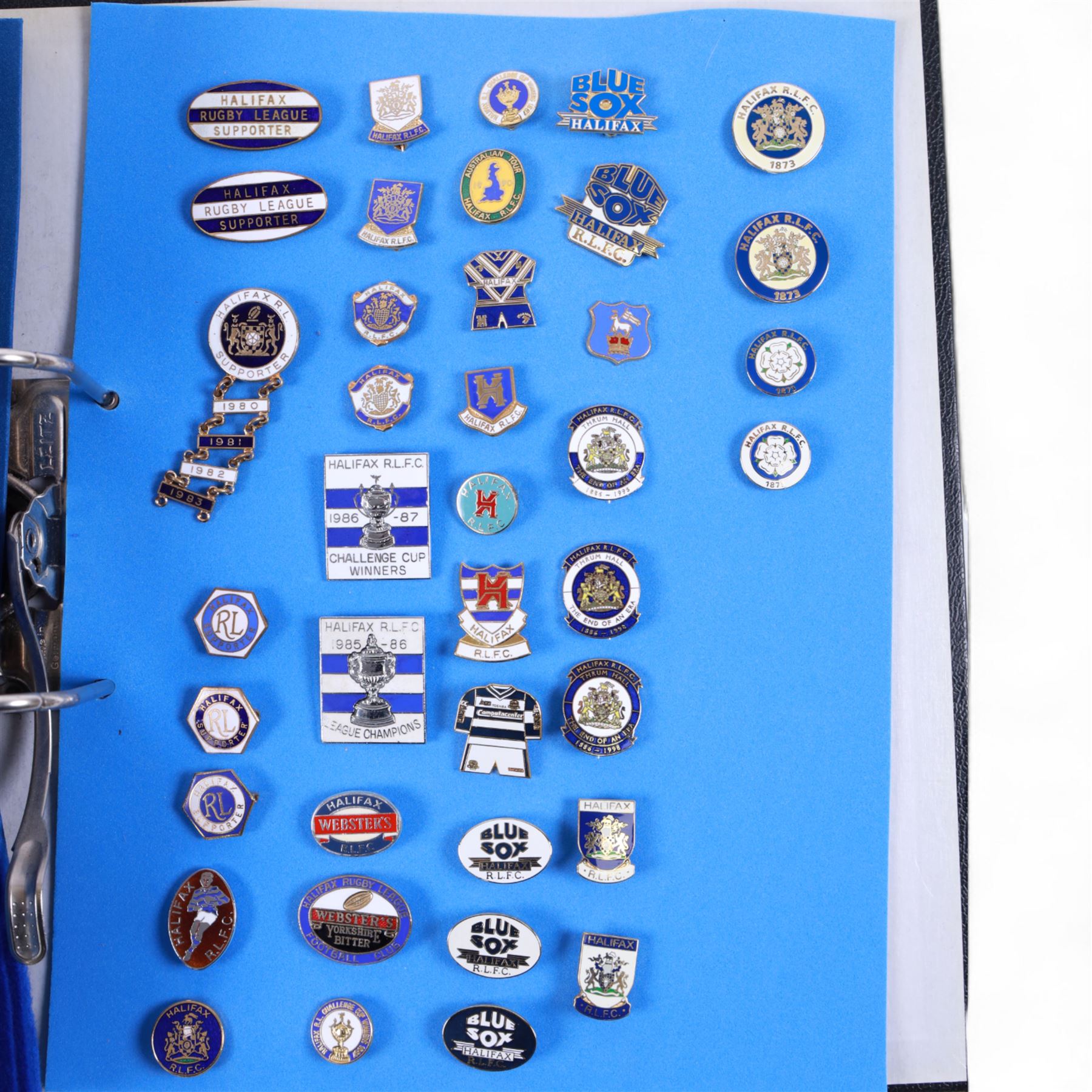 Rugby league enamel badge collection, from Barrow Raiders, Batley, Blackpool Panthers, Bradford Northern, Bradford Bulls, Bramley, Castleford, Catalan Dragons, Celtic Crusaders, Dewsbury Rams, Doncaster, Featherstone Rovers and Halifax, housed in two folders, (approximately 280)