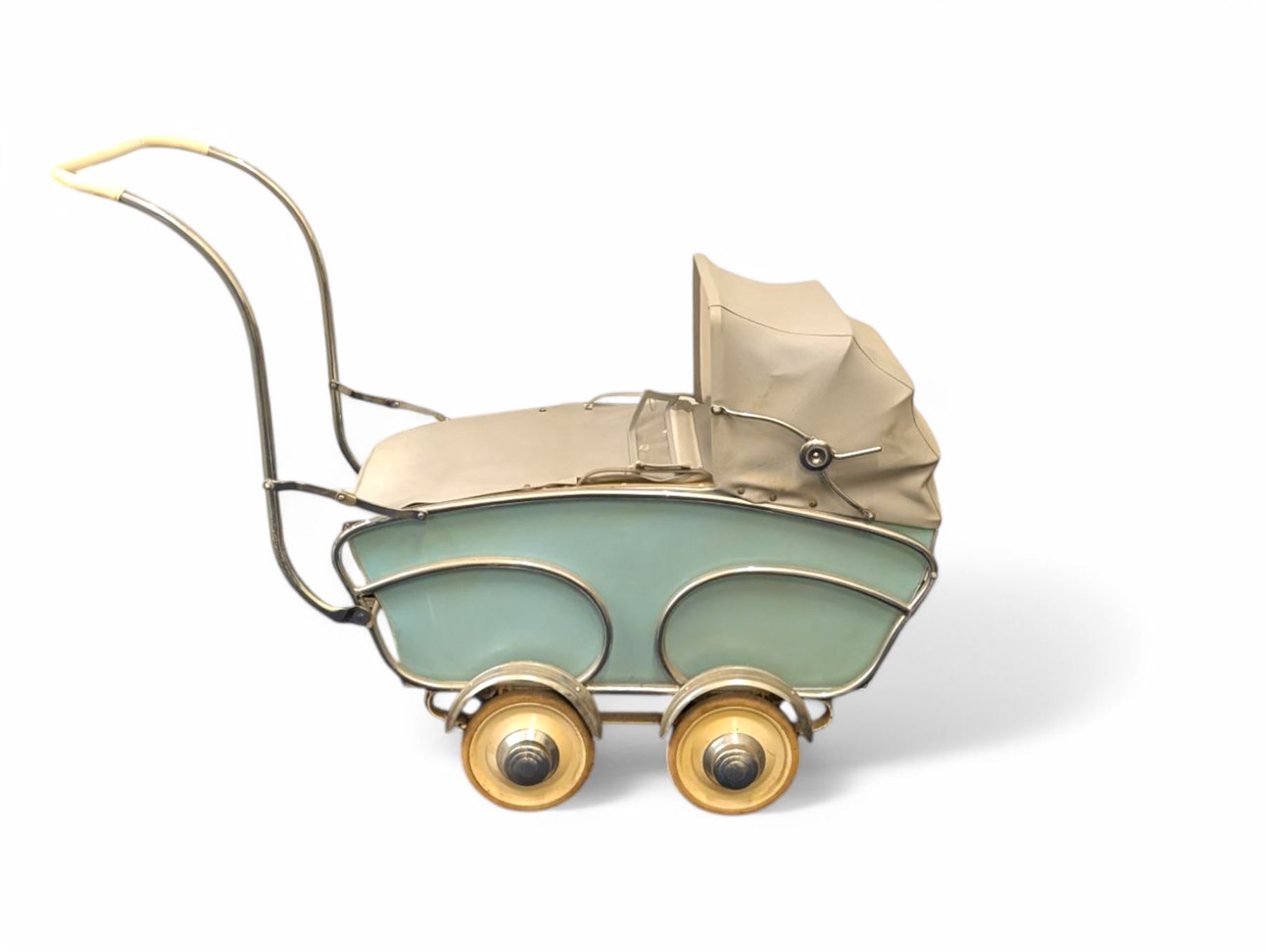 Mid 20th century Dutch baby pram/stroller, with wooden teal sides and chrome chassis, with retailers label for Mors Ouderwetse Kinderwagens, handle H100cm, L130cm