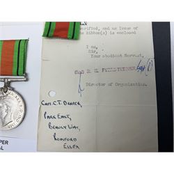 WWI pair of medals comprising British War Medal and Victory Medal awarded to 2nd Lieutenant C.T. Draper; and WWII Defence Medal awarded to Captain C.T. Draper with War Office letter of confirmation; all with ribbons (3)