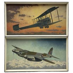 Harry Hudson Rodmell (British 1896-1984): 'De Havilland Mosquito' and 'Vickers Vimy' - aviation plane portrait, pair oils on board one signed, titled verso 25cm x 49cm (2)