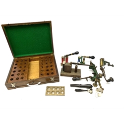 19th century and later predominantly 12-bore cartridge making equipment including brass re-loader, James Dixon, 16-bore and scratch built redecappers, Chas. Hellis & Sons London oil bottle, horn handled powder measure etc; and scratch built cartridge box