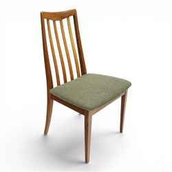G-Plan - 'Fresco' set of teak eight dining chairs, reupholstered in green tartan and green harris tweed fabric 