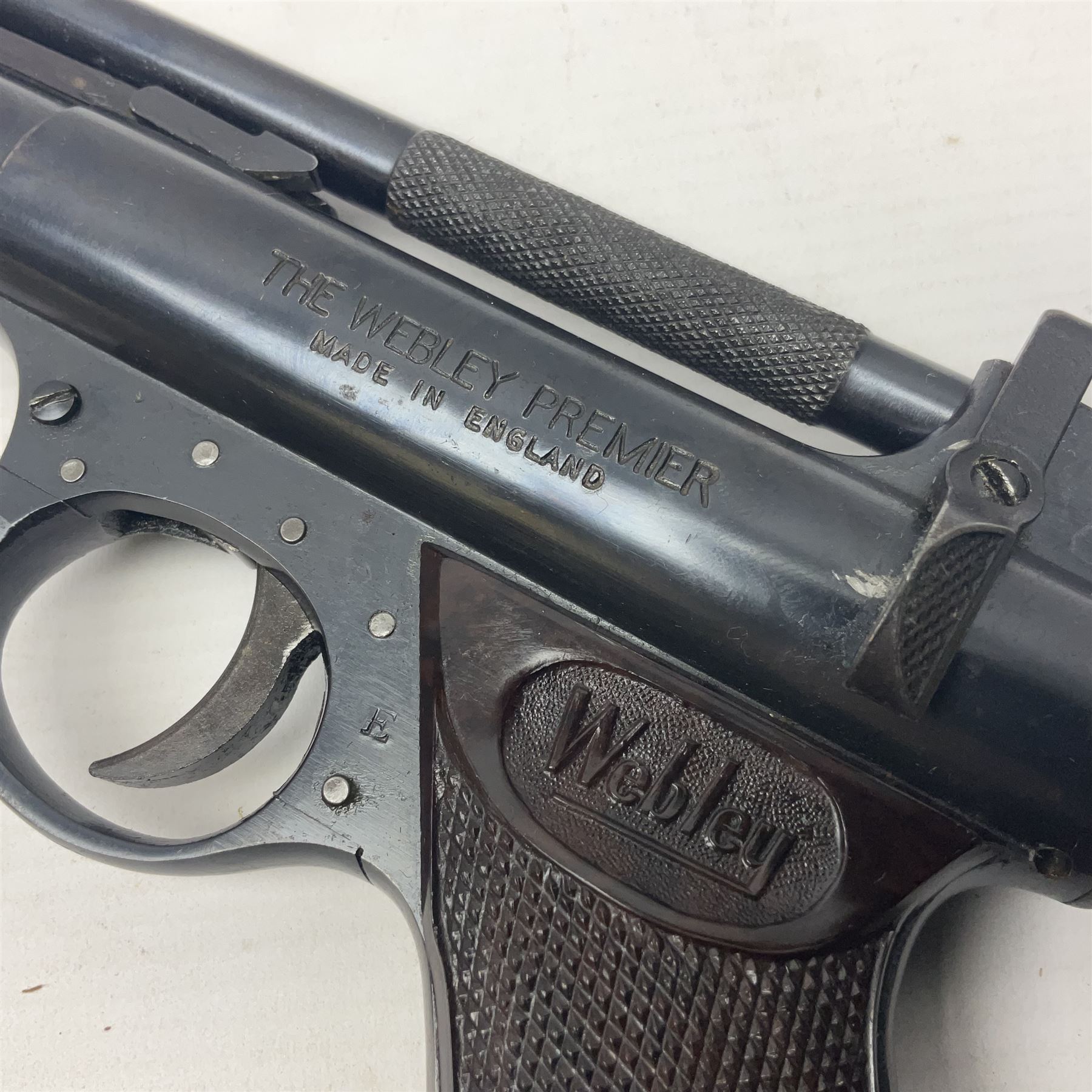 Webley Premier .177 cal. air pistol with top lever action, serial no.462; in original box with label under lid NB: AGE RESTRICTIONS APPLY TO THE PURCHASE OF AIR WEAPONS.