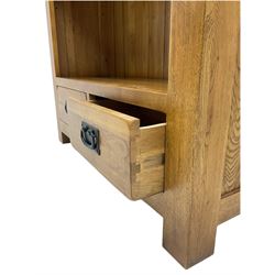 Light oak open bookcase, fitted with two drawers