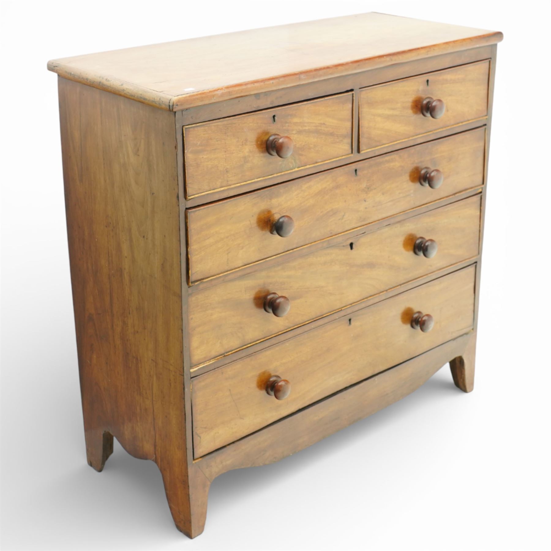 19th century mahogany chest of drawers, two short over three long drawers with turned wooden handles, on bracket feet