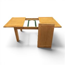 Contemporary oak dining extending table and set of six chairs, with additional leaf  extending to 182cm, chairs with cream upholstered seat