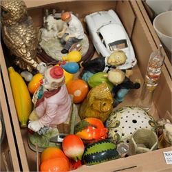 Lomonosov Russia Porcelain Wine Decanter in Red Firebird pattern, Staffordshire ironstone planter, meat plate, Leonardos figures and other mixed ceramics and smalls, contents between four boxes