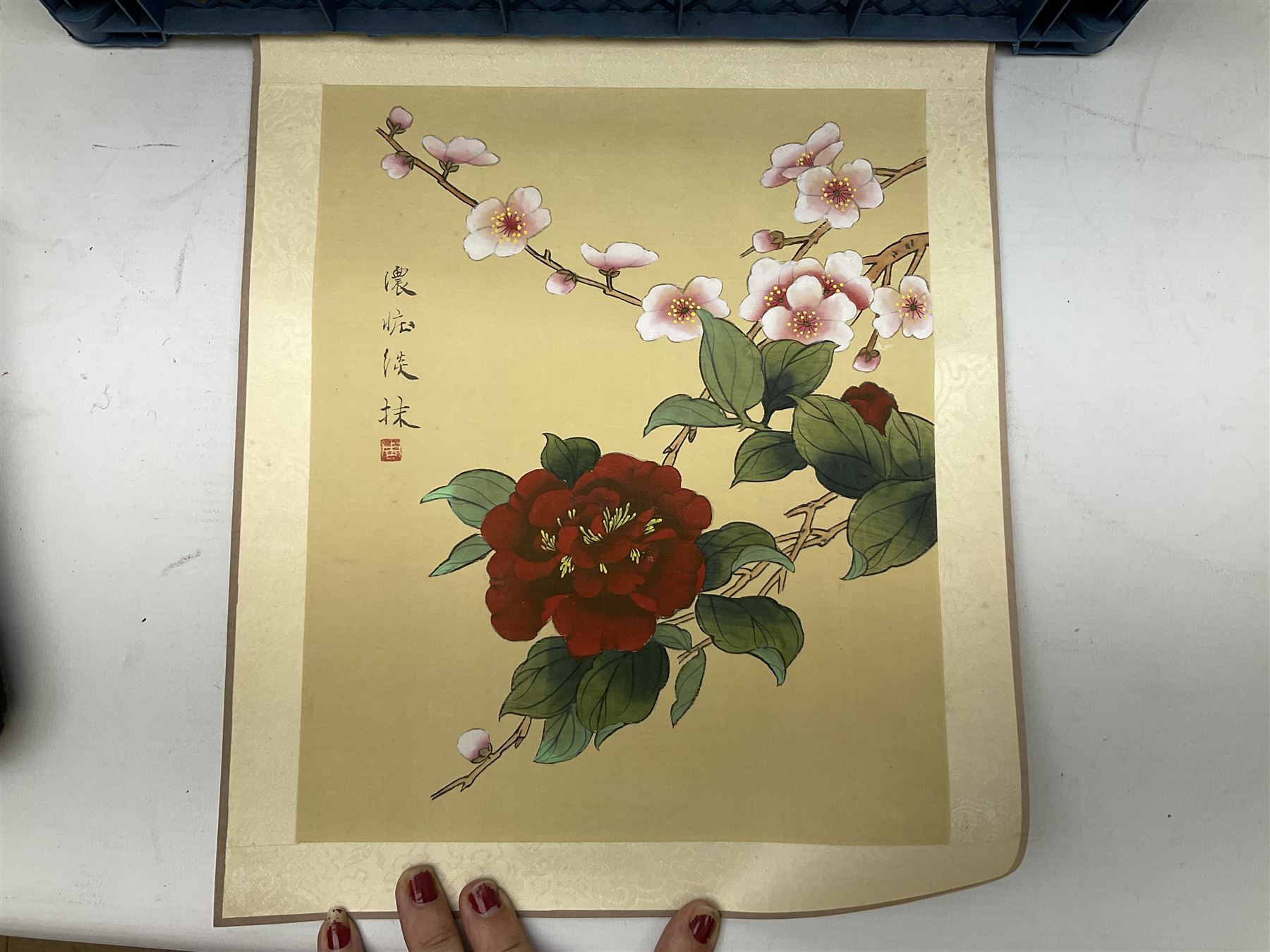 Six Chinese silks on fabric panels embroidered with birds on blossoming branches, along with three other Chinese painted silks 