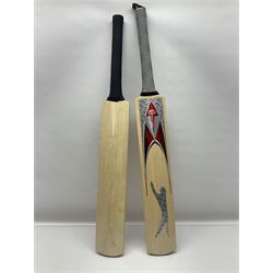 Two signed Yorkshire County cricket bats, from 2007 and 2008 seasons, bearing signatures including Darren Gough, Jason Gillespie, Younus Khan, Michael Vaughn and Tim Bresnan, etc
