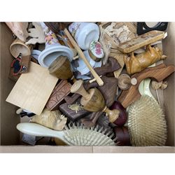 Turned wooden string dispenser and a collection of other carved wooden figures and collectables, in two boxes