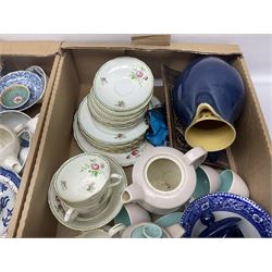Denby coffee pot, Poole Pottery part tea service, Booths blue and white teacups, coloured drinking glasses,  and a collection of other ceramics and glassware etc, in six boxes