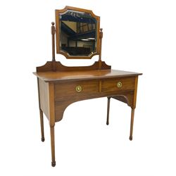 Late 19th century mahogany dressing table, raised swing mirror with curved canted corners on turned horns, moulded rectangular top over two drawers, on turned supports