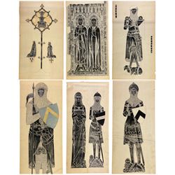 Collection large Brass Rubbings to include: 'Sir Robert de Bures (c.1331)', Knight 'Robert Ingylton' with Three Wives, 'Sir John d'Aubernoun II', 'Sir William Fitzralph (c.1323)', 'Sir John de Creke and Wife Alyne (c.1325)', 'Sir Thomas Swynborne and Father Sir Robert' and others max 280cm x 102cm (13) (unframed)