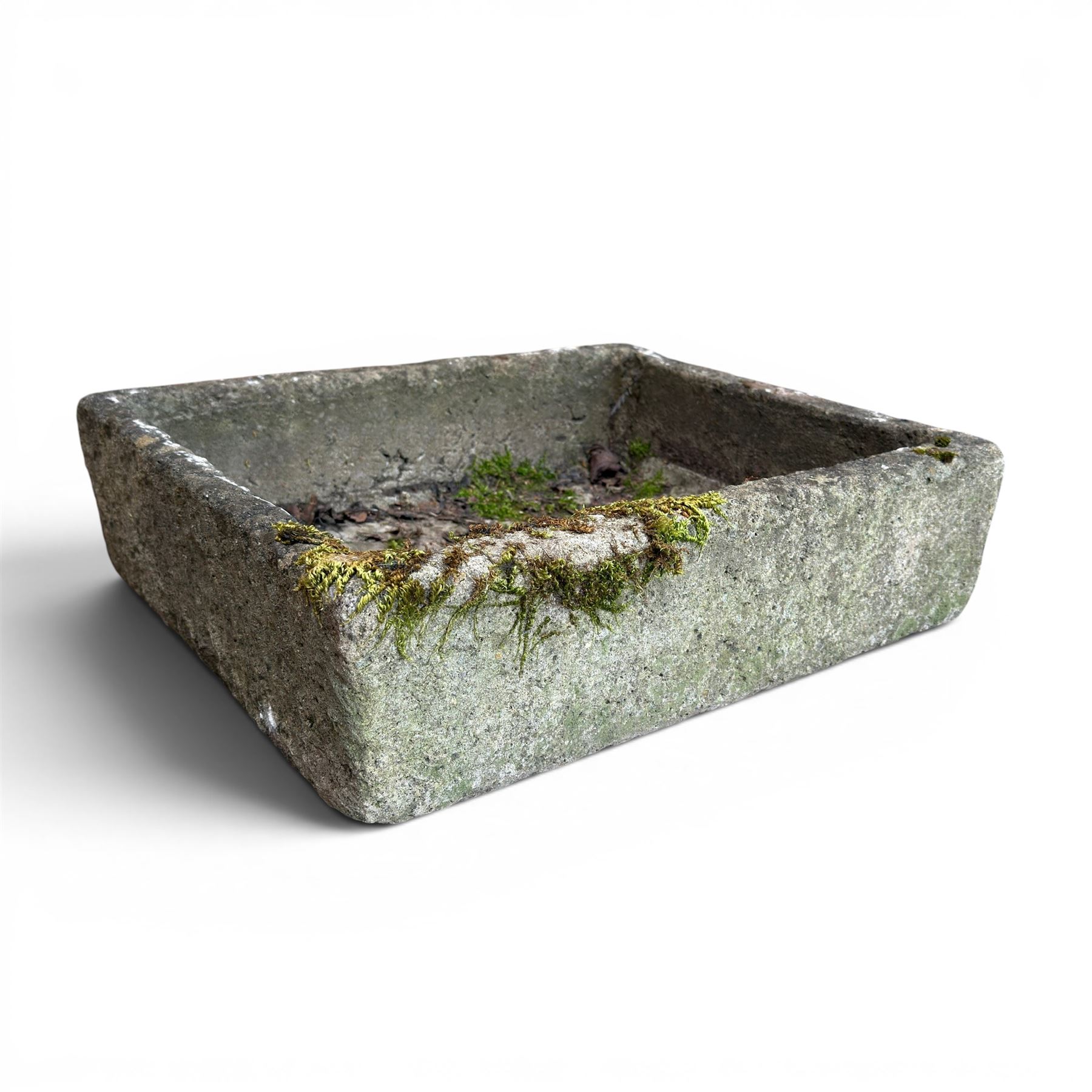 Three weathered composite stone rectangular planters, shallow form