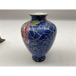 Shelley Cloisonne pattern vase, Carlton Ware Rouge Royal pattern twin handed dish and ash tray decorated with pagoda and Poole Delphis shallow bowl with geometric decoration on orange ground, largest L28cm