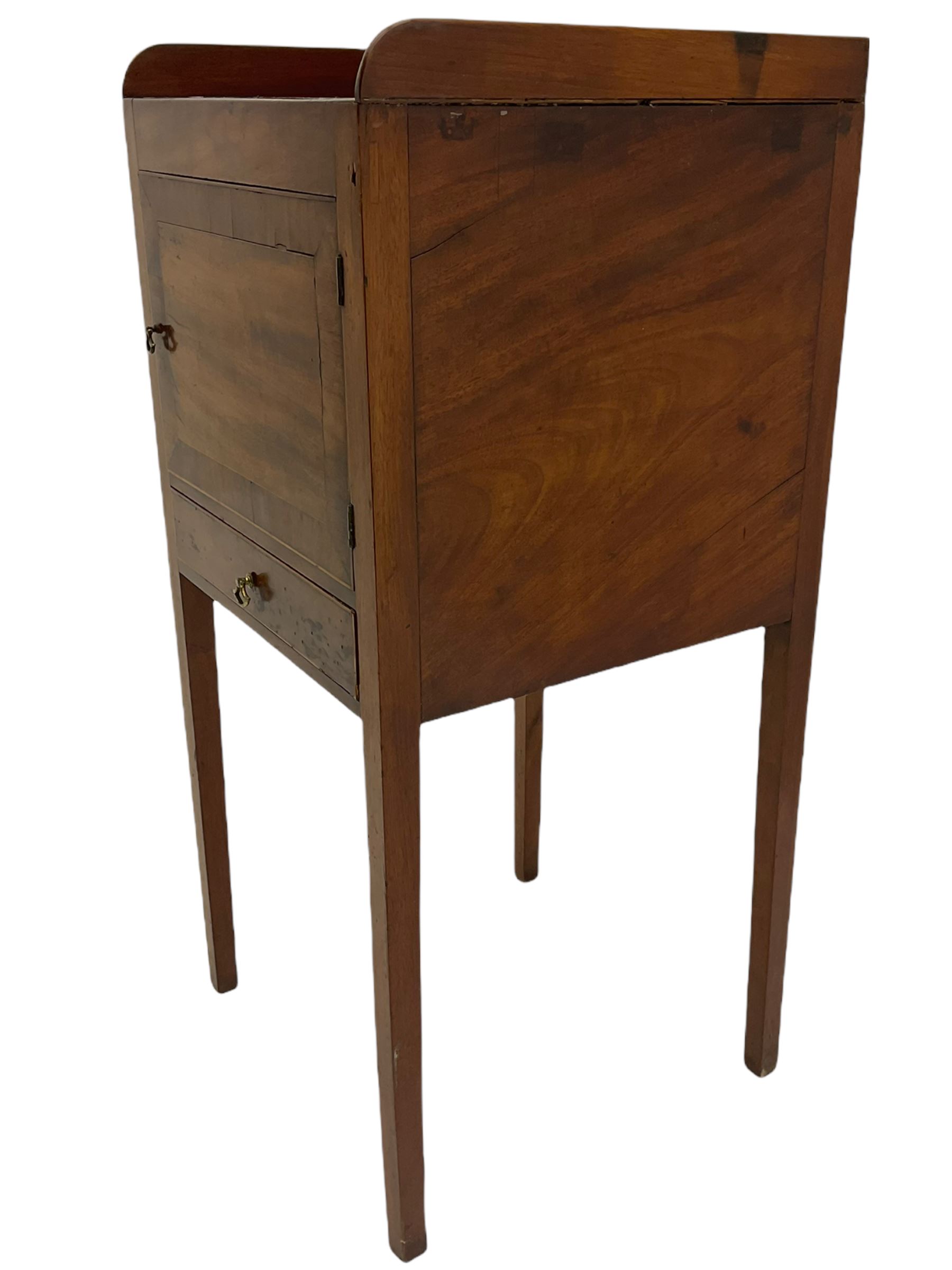 Early 19th century mahogany bedside pot cupboard, raised gallery back, enclosed by single door with band above single drawer, square supports