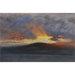 Joseph Arthur Palliser Severn RI ROI (British 1842-1931): 'Sun Effect over Walna Scar Coniston', gouache signed and dated 1906, titled on exhibition label verso 35cm x 52cm 
Provenance: exh. Royal Institute of Painters in Water Colours, label verso 
Notes: Arthur Severn came from a prominent artistic family, with his father Joseph, brother Walter and sister Mary also being painters. He was a good friend of the art critic John Ruskin, marrying his niece Joan Ruskin Agnew in 1871. From 1881 Joan and Arthur joined Ruskin at his house 'Brantwood' on Coniston Water, near where the present work was painted, for the last thirty years of Ruskin's life; the house was left to the Severns on Ruskin's death in 1900.