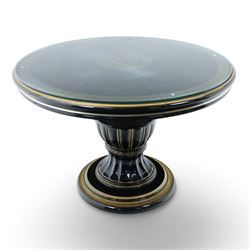 Italian Neoclassical inspired ebonised gloss dining table with four matching chairs,  circular top with additional leaf (Extends to  145cm) with Greek key banding, on a shaped pedestal base with gilt highlights and stepped plinth, the chairs en suite with padded back and seat with Greek key, reeded front supports