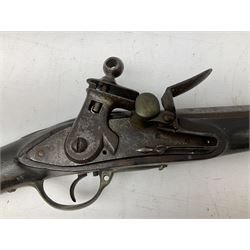 Early 19th century continental flintlock musket, approximately 14-bore, the full walnut stock with three brass barrel bands and brass mounts, lock stamped DVI, ramrod and bayonet lug under barrel L151cm