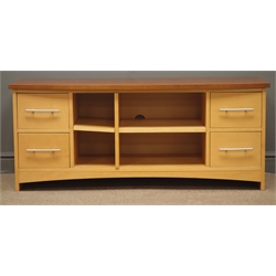 Walnut and beech bow fronted television stand, four drawers and shelves, W130cm, H55cm, D47cm  
