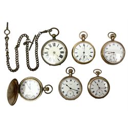Five early 20th century gold-plated keyless lever pocket watches including Lancashire Watch Co, Selezi, Omega and Limit and one pocket watch, with gilt chain
