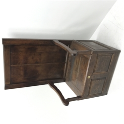 18th century oak box seat settle, panelled back, cresting rail initialled 'T.I', the moulded seat with hinged lid, down swept arms on octagonal faceted supports, fielded panelled base, engraved brass escutcheon initialled again 'T.I', W80cm, H149cm, D59cm