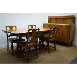  Early 20th century Royal Oak refectory style draw leaf dining table, carved edges and frieze, cup and cover supports, carved platform base (W91cm, H79cm, D193cm) set four matching single chairs, upholstered seat (W53cm) and matching bow fronted sideboard with raised back and three cupboard doors enclosing fitted interior (W150cm, H134cm, D55cm)  