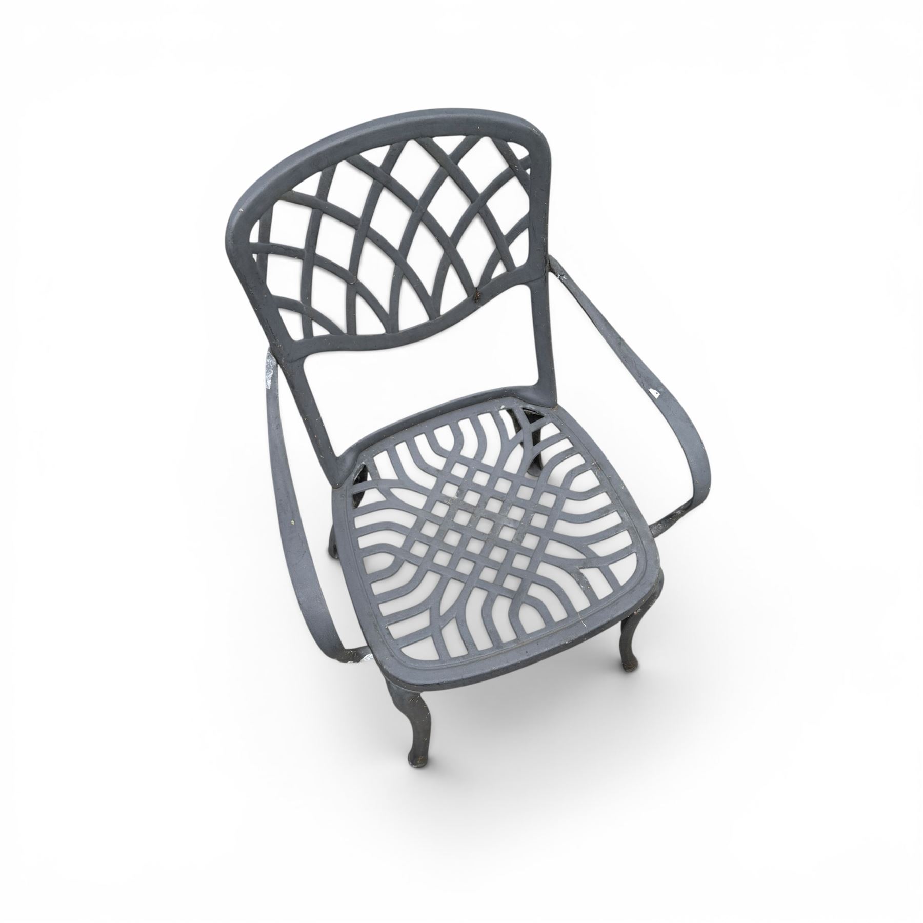 Circular cast aluminium garden table and pair of armchairs chairs with lattice backs in a dark grey finish