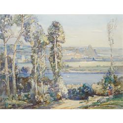 Tom Anderton (British 1894-1956): Shepherd and Sheep on the Riverbank, watercolour signed ...
