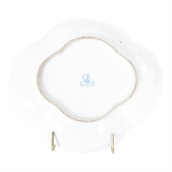 19th century Helena Wolfsohn for Dresden quatrefoil lidded bowl and stand, the panels decorated with figures in landscapes and floral sprigs, with a lemon finial to the lid, H18cm 