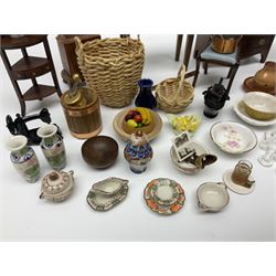 Collection of miniature dolls house furniture and accessories, to include long case clock, chest of drawers, tiled wash stand, ceramics and glass ware, mirror, baskets, etc 