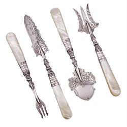 Edwardian silver and mother of pearl handled four piece afternoon tea set, comprising bread trident, pickle fork, preserve spoon, and butter knife, each with foliate engraved detail to prongs, blade and bowl, hallmarked A J Bailey, Birmingham 1901