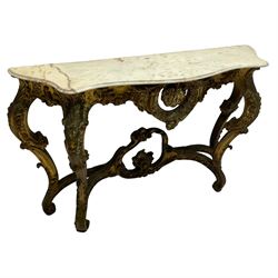 French Rococo design console or pier table, shaped and moulded pale marble top, the apron carved with pierced shell and scrolling acanthus leaves, extending flower head decoration, on four acanthus carved cabriole supports with scrolled terminals, united by shell moulded stretcher rails with central scrolled foliage cartouche 