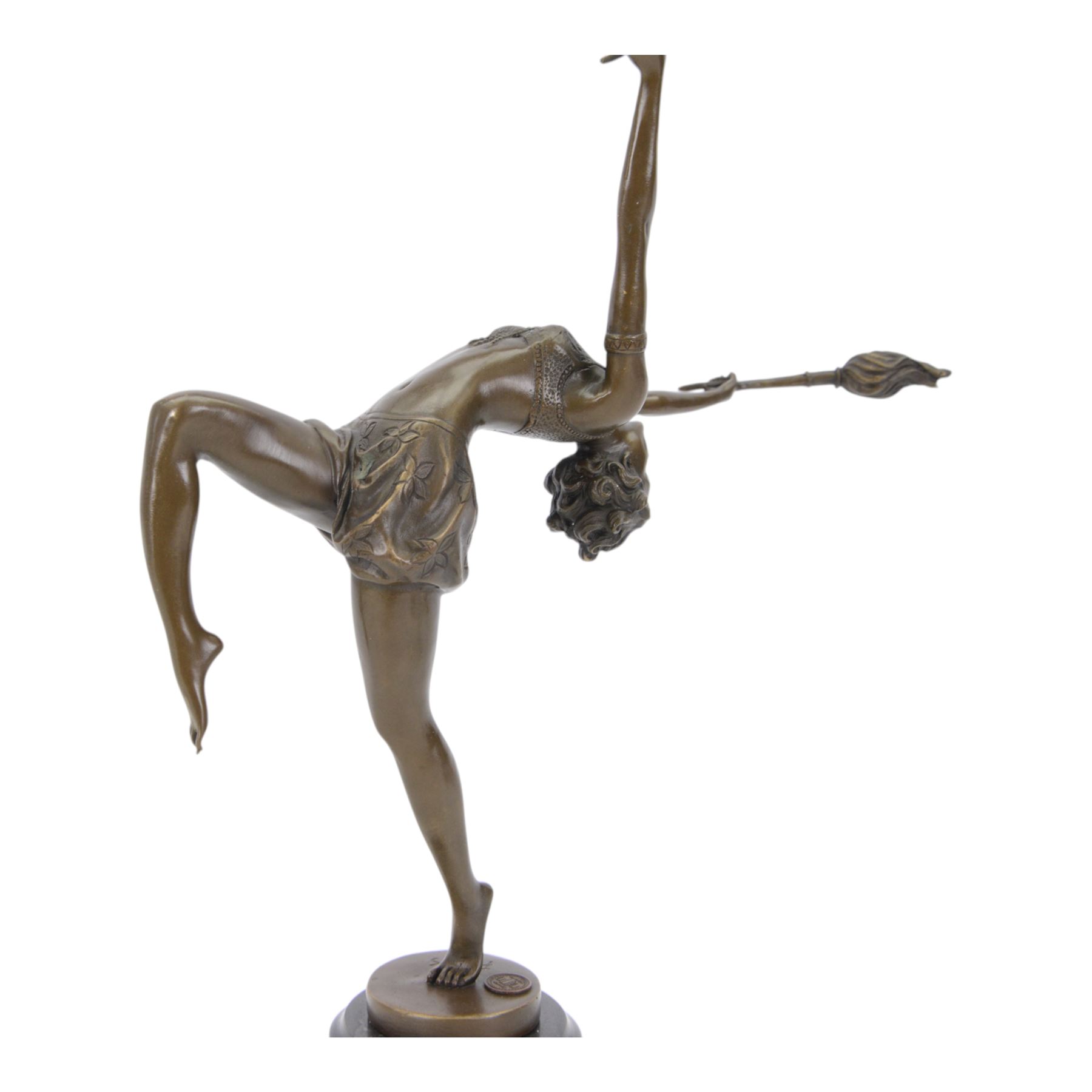 Art Deco style bronze figure of a female dancing with flame torches, raised upon marble socle base, signed F. Paris, H43cm
