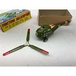 Various makers - Tri-ang Mini-Hi-Way Racing Car Series Le Mans No.9 racing car; Matchbox K-15 Merryweather Fire-Engine; Marx tin-plate Friction Helicopter; all boxed; and a Minic Motor Rally Adventure box containing a Jaguar Police car for spares or repair (4)