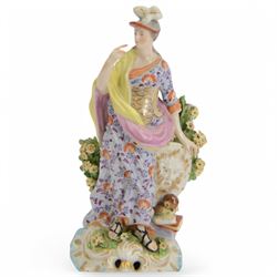 18th century Derby porcelain figure, circa 1775, modelled as Minerva, standing with mask shield, books and owl, against flowering bocage, upon a scroll base encrusted with flowers, H23cm