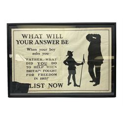 WW1 1915 Recruiting Poster “What Will Your Answer Be”; depicting the silhouette of a Boy Scout asking his father “ What did YOU do to help when Britain fought for freedom in 1915” ENLIST TODAY”;  49 x 76cm in ebonised frame