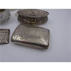Group of Edwardian silver, to include purse, trinket box, card case, cut glass jar with silver lid and two cut glass bottles with silver collars, all hallmarked 