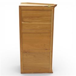 Unicornman - glazed oak corner cabinet, the triangular top with moulded cornice above a bevelled glass door, enclosing two fixed shelves, the canted front corner carved with Unicorn motif, by Geoff Gell of Coxwold