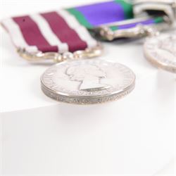 ERII RAF medal trio, Meritorious Service, Campaign Service, with Northern Island clasp, and Long Service, awarded to JJ Taylor (65082068) RAF together with AFCENT breast tab and police badges