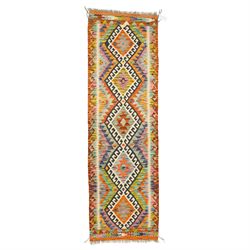 Afghan Chobi flatweave kilim runner, with a repeating stepped diamond medallion design in ...
